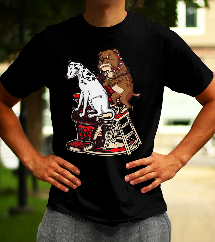 Dalmatian And Tattoo Artist Bulldog On Barber Chair T-Shirt