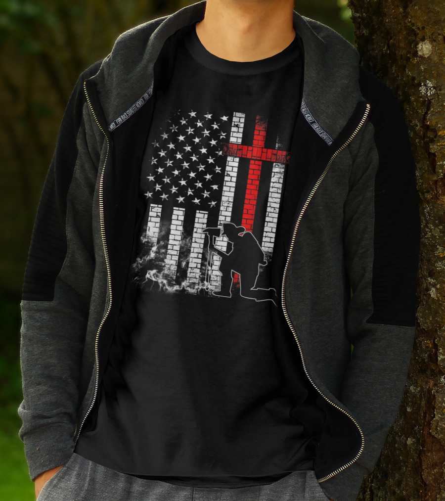 Fireman Kneeling With Axe Over American Flag And Thin Red Line Cross T-Shirt