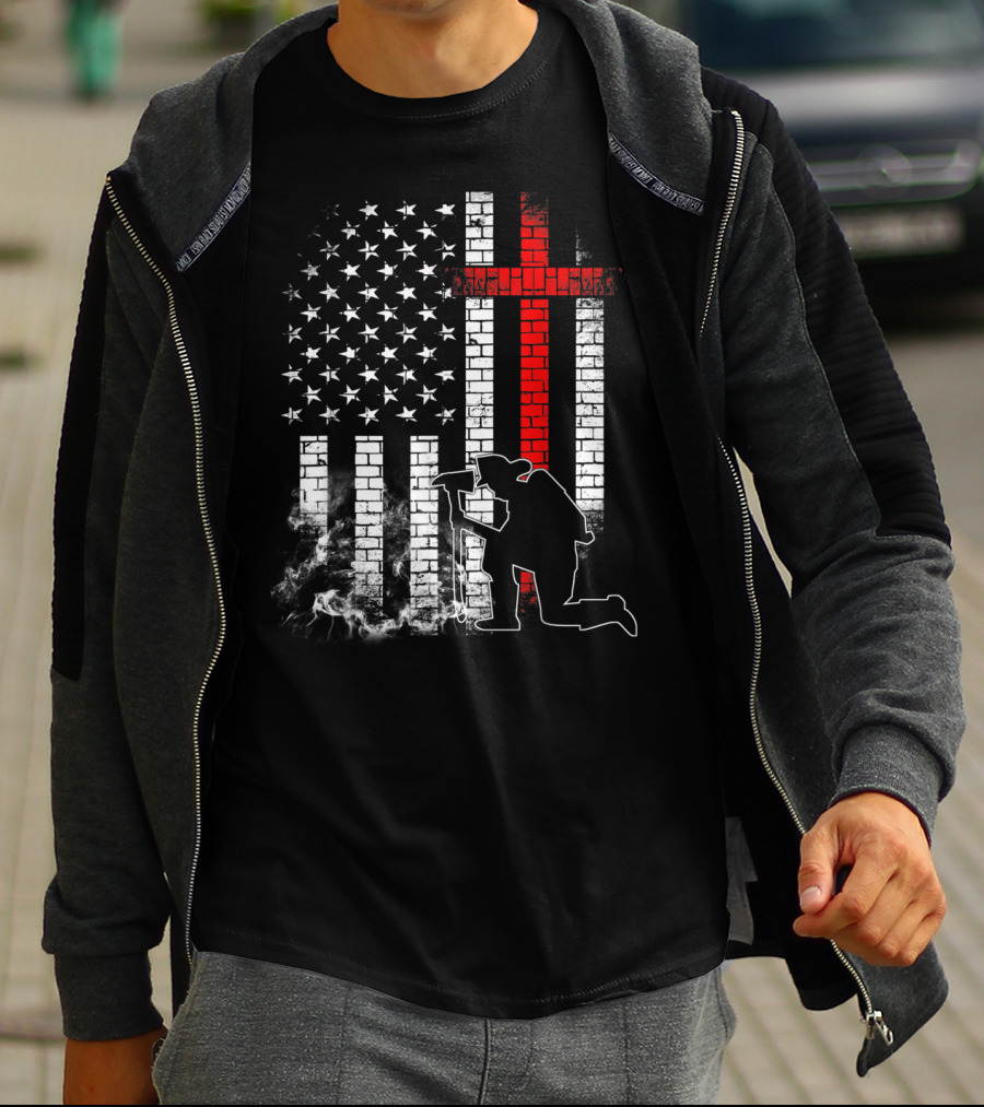Fireman Kneeling With Axe Over American Flag And Thin Red Line Cross T-Shirt