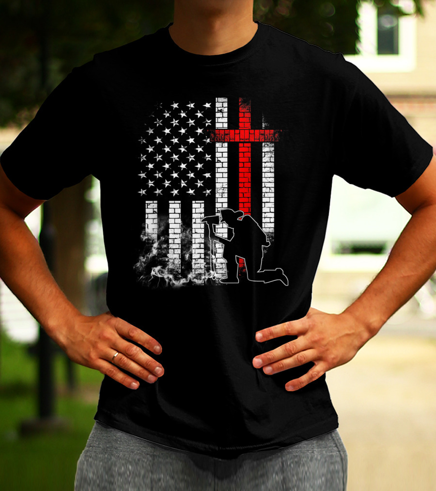 Fireman Kneeling With Axe Over American Flag And Thin Red Line Cross T-Shirt