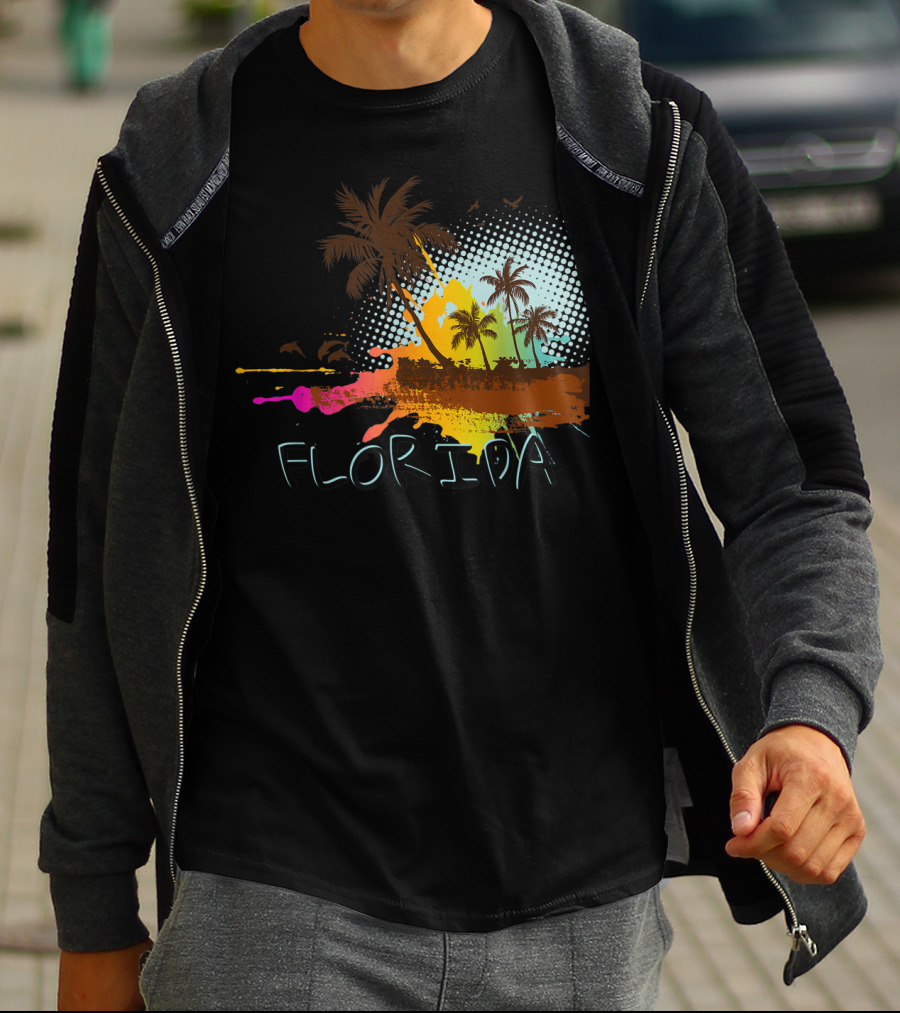 Florida Beach Vacation With Colorful Palm Tree Splash Art Ocean Lovers T-Shirt