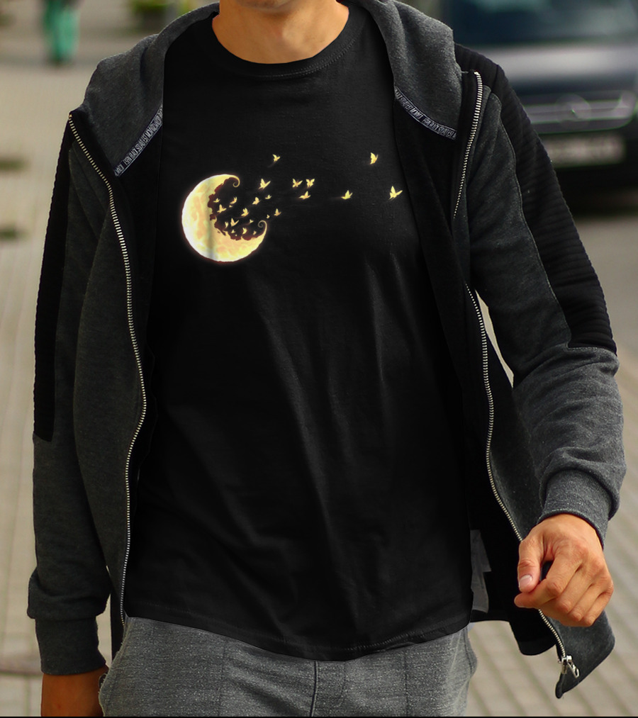Flying Butterflies From Rainbow Crescent Moon T-Shirt