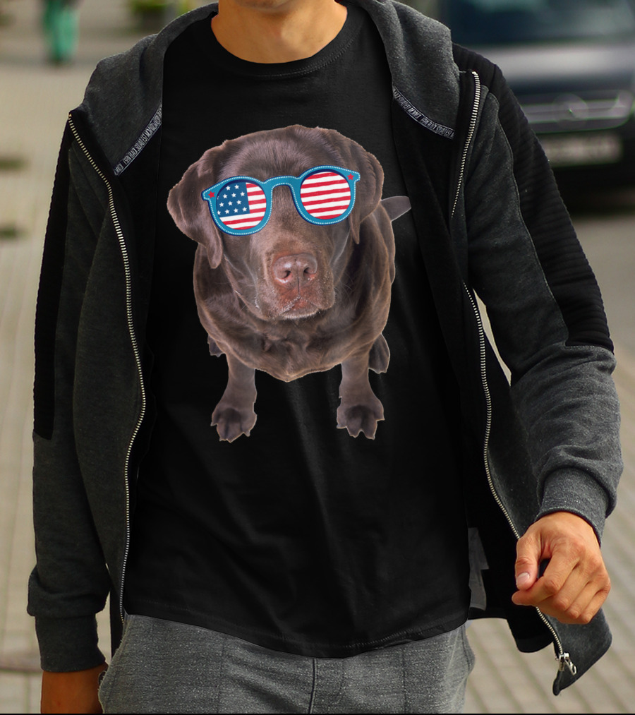 Funny Chocolate Lab Wearing American Flag Sunglasses T-Shirt