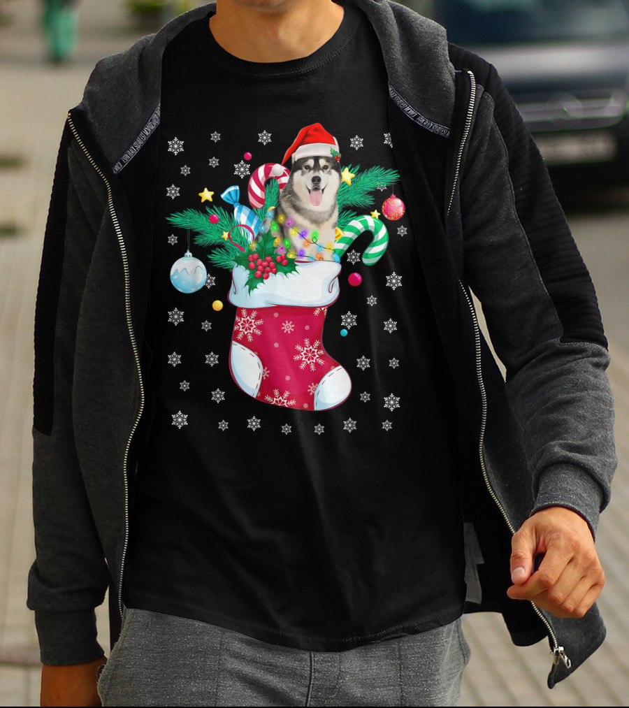 Christmas Siberian Husky With Santa Hat In Festive Sock T-Shirt