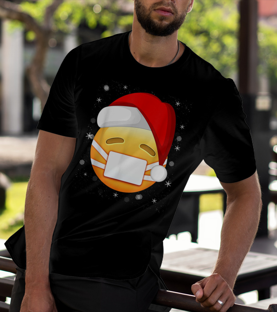 Funny Face With Medical Mask Emojis Santa Hat Snowflakes T-Shirt