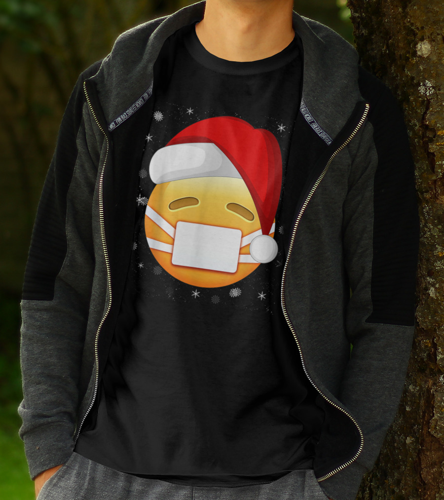 Funny Face With Medical Mask Emojis Santa Hat Snowflakes T-Shirt