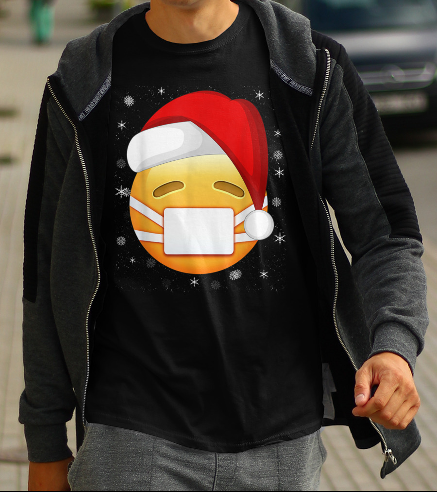 Funny Face With Medical Mask Emojis Santa Hat Snowflakes T-Shirt