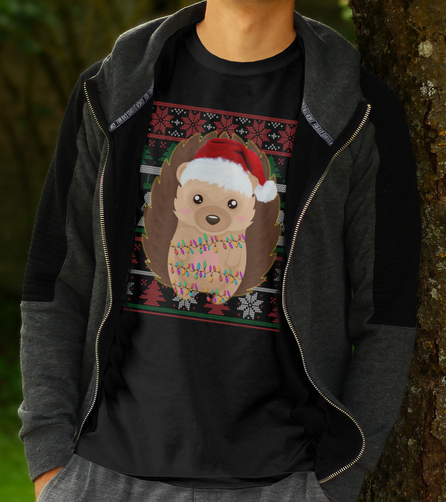 Funny Christmas Hedgehog Ugly Sweater Lights T-Shirt
