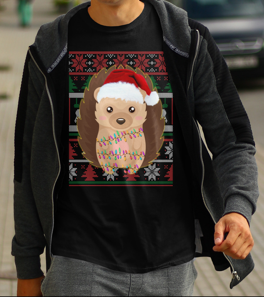 Funny Christmas Hedgehog Ugly Sweater Lights T-Shirt