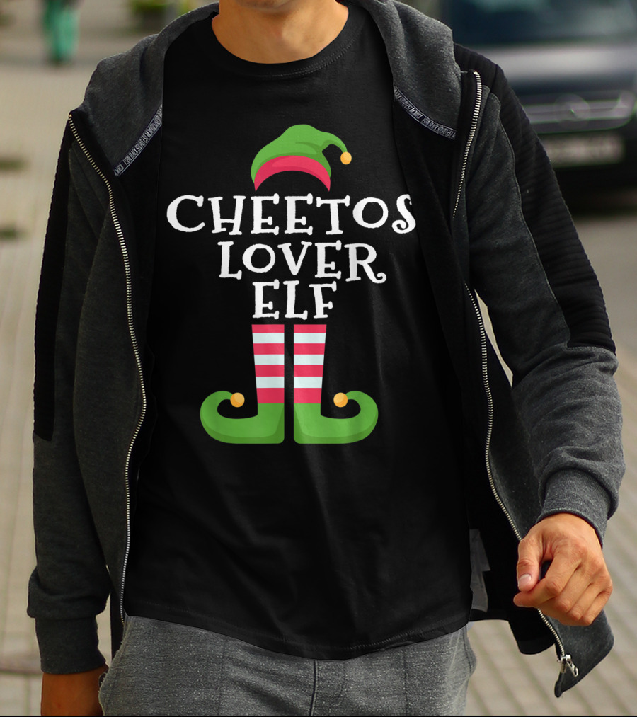 Funny Cheetos Lover Elf With Striped Elf Hat And Shoes T-Shirt