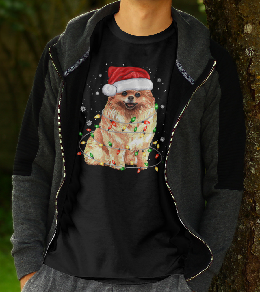 Pomeranian In Santa Hat With Christmas Lights And Snowflakes T-Shirt