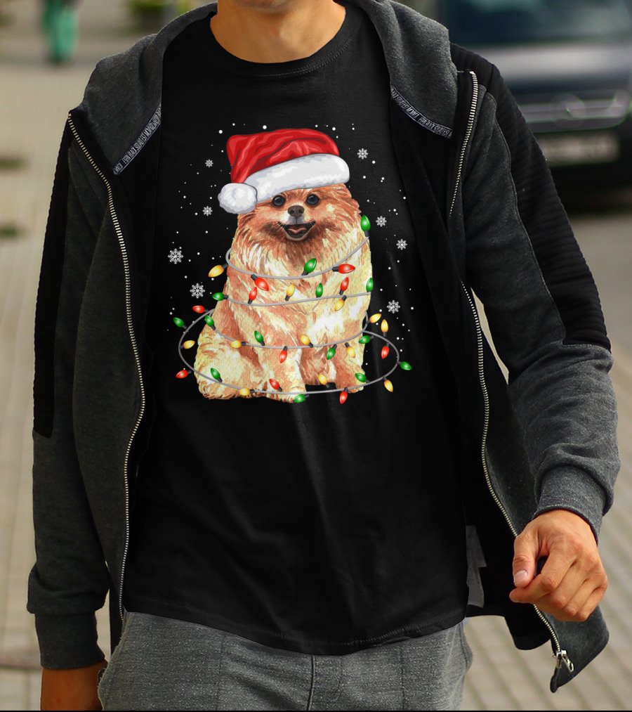 Pomeranian In Santa Hat With Christmas Lights And Snowflakes T-Shirt