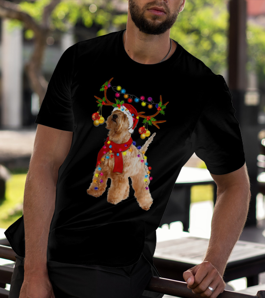 Wheaten Terrier Santa Reindeer With Festive Christmas Lights T-Shirt