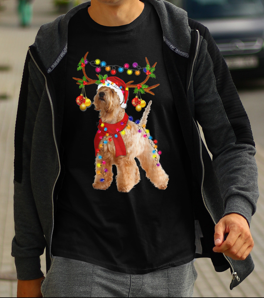 Wheaten Terrier Santa Reindeer With Festive Christmas Lights T-Shirt