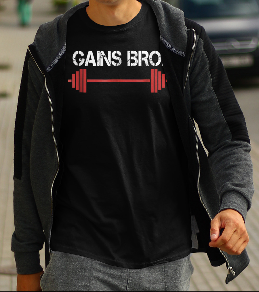 Gains Bro Workout Weightlifting Barbell Funny Gains T-Shirt