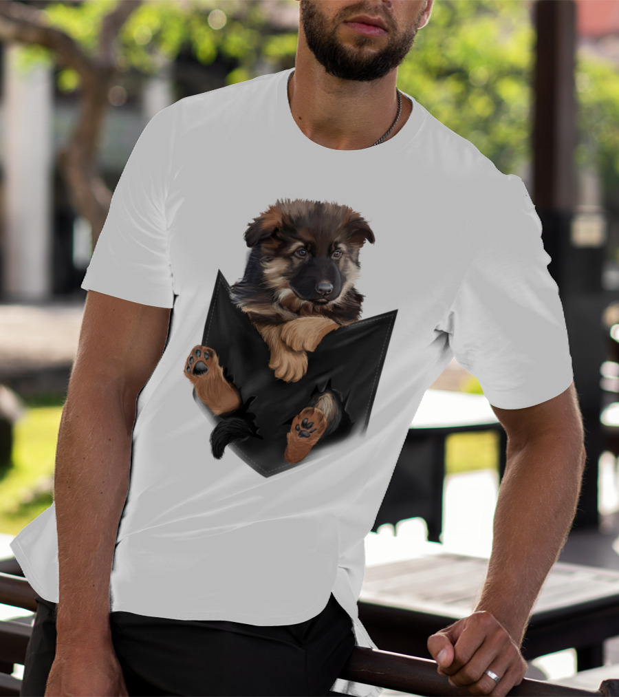 German Shepherd Puppy In Black Pocket T-Shirt