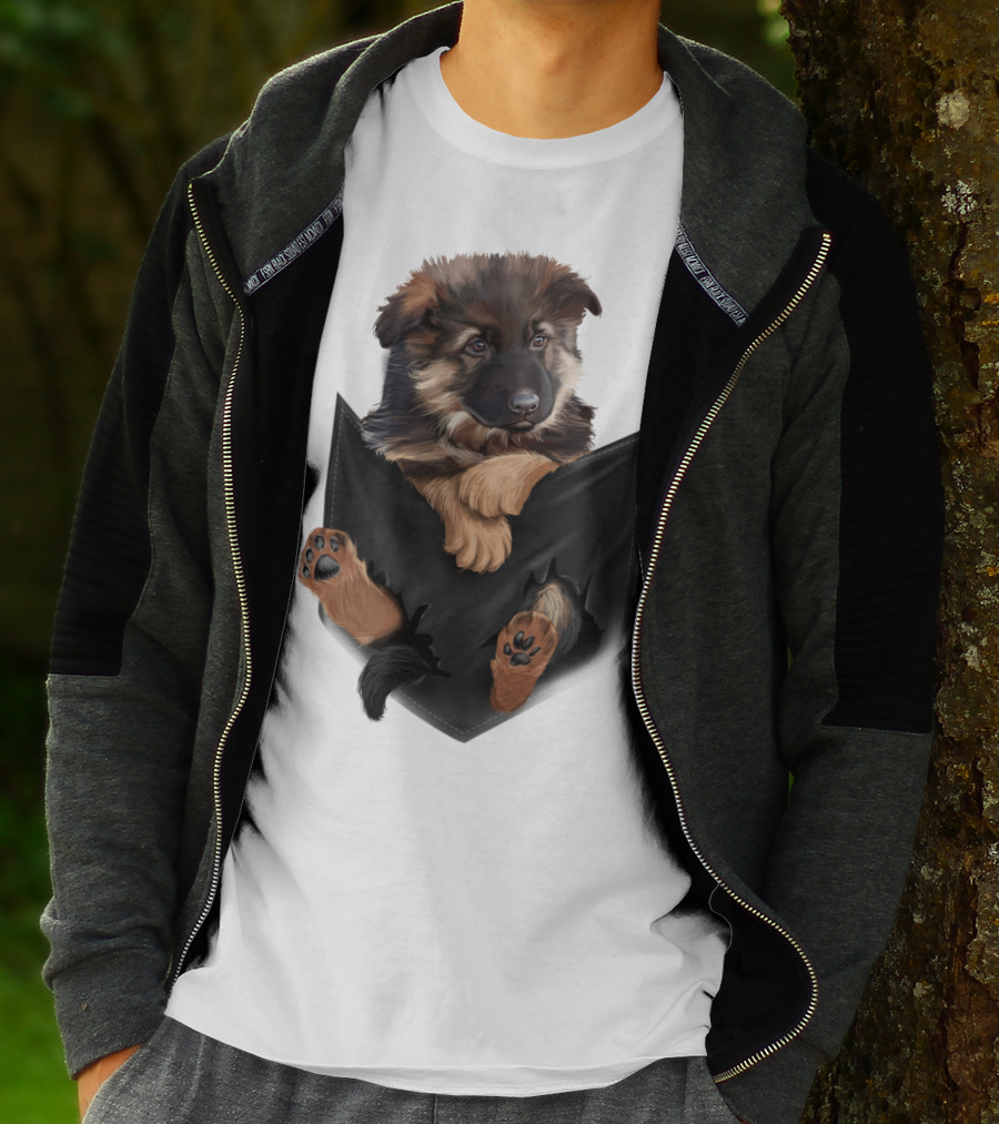 German Shepherd Puppy In Black Pocket T-Shirt
