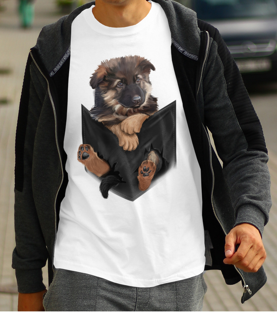 German Shepherd Puppy In Black Pocket T-Shirt