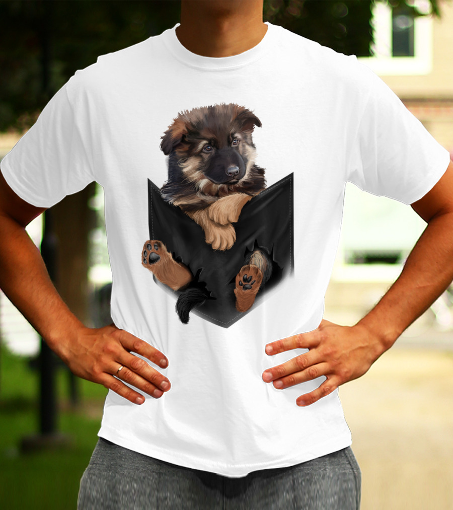 German Shepherd Puppy In Black Pocket T-Shirt
