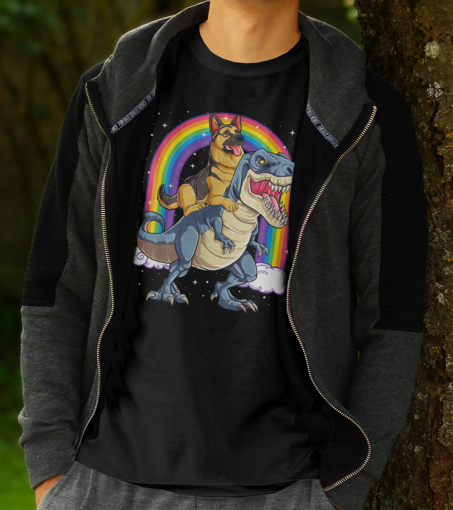 German Shepherd Riding Dinosaur Rex With Rainbow And Stars T-Shirt