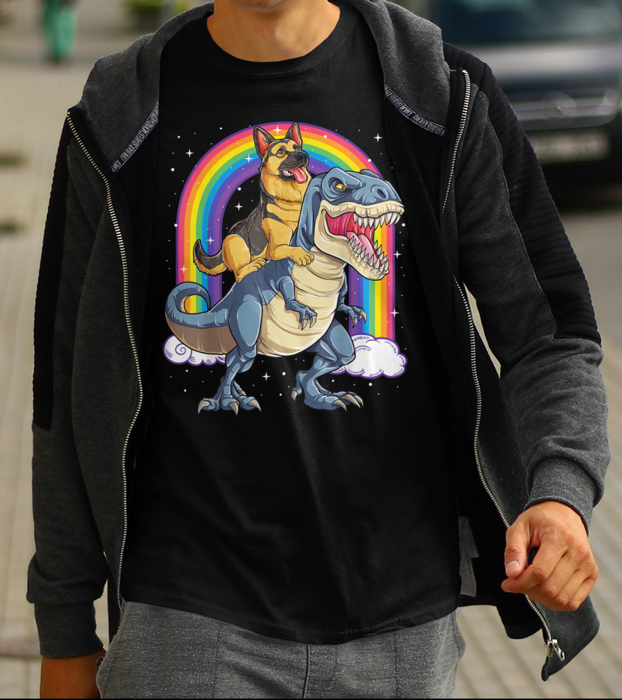German Shepherd Riding Dinosaur Rex With Rainbow And Stars T-Shirt