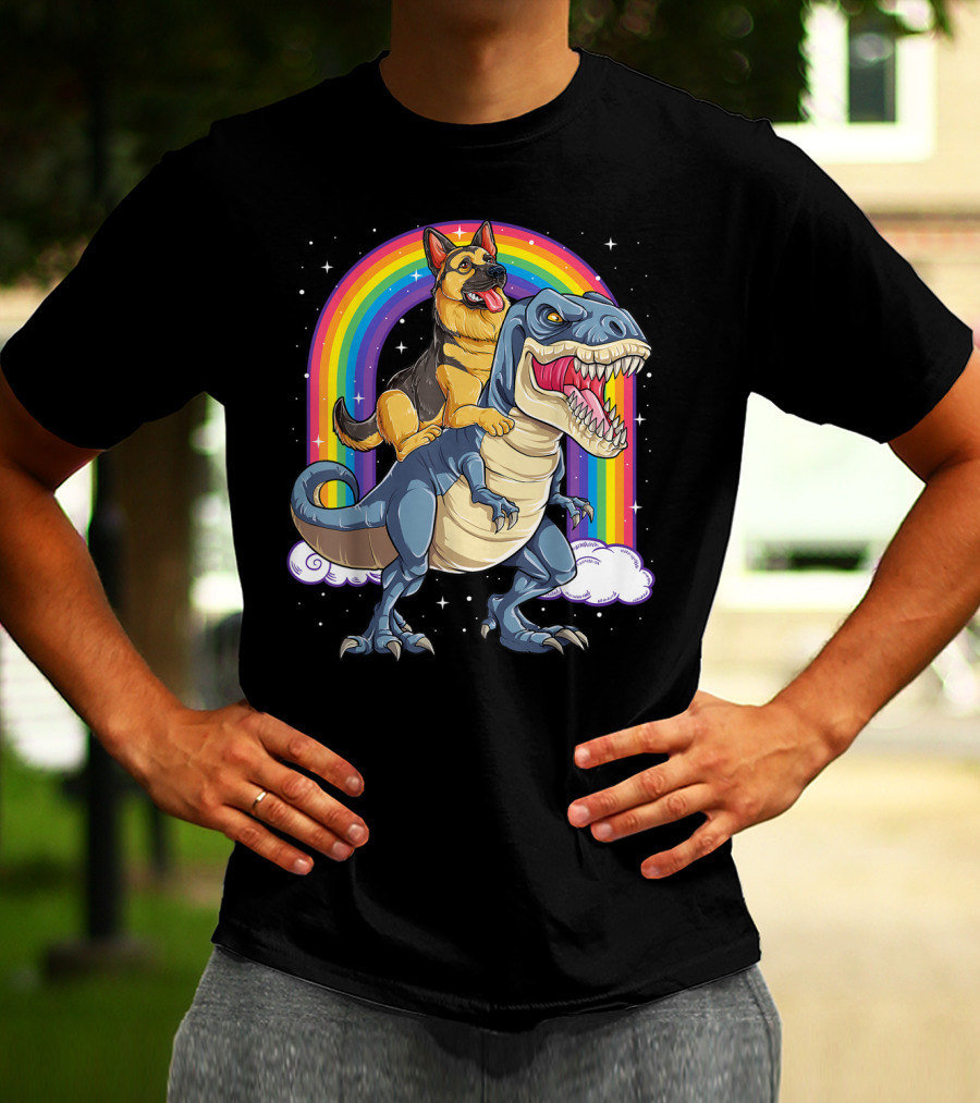 German Shepherd Riding Dinosaur Rex With Rainbow And Stars T-Shirt