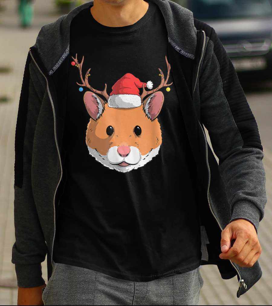Hamster With Santa Claus Hat And Reindeer Antlers Christmas Holiday T-Shirt