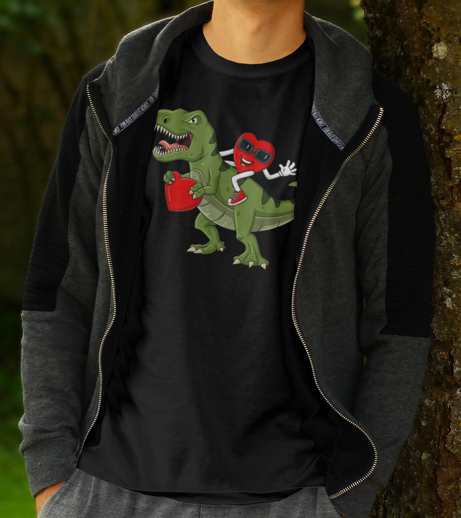 Heart Riding T-Rex Holding Valentines Day Hearts T-Shirt