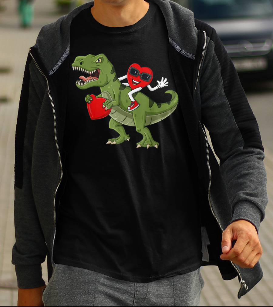 Heart Riding T-Rex Holding Valentines Day Hearts T-Shirt