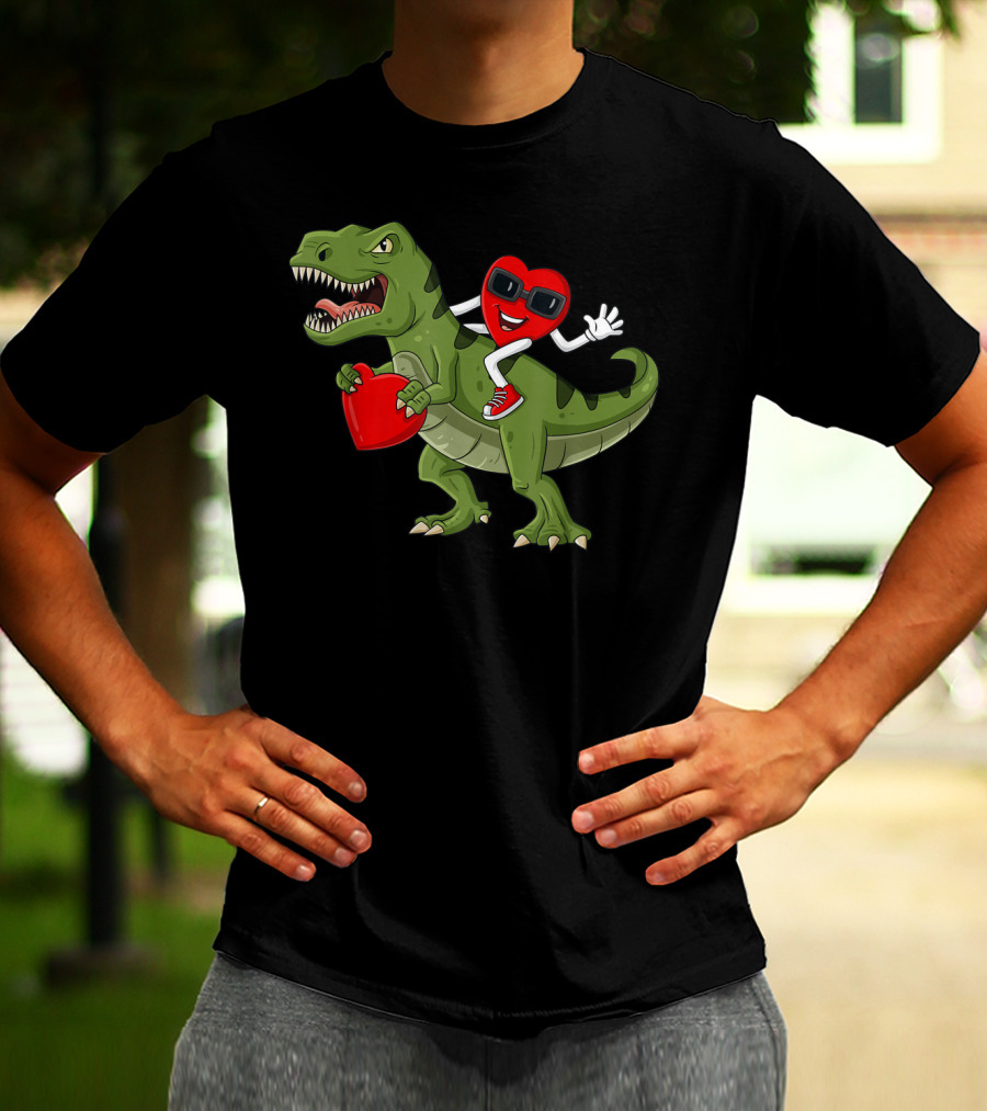 Heart Riding T-Rex Holding Valentines Day Hearts T-Shirt