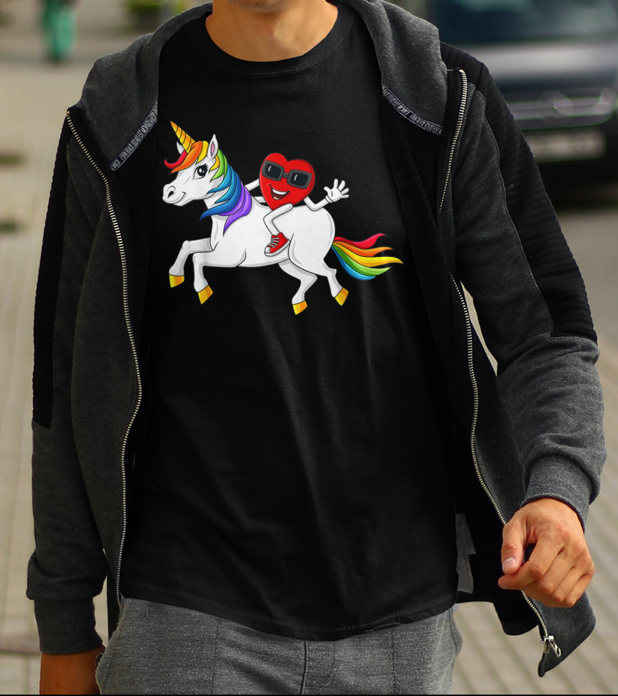 Heart Riding Rainbow Unicorn With Sunglasses And Sneakers T-Shirt