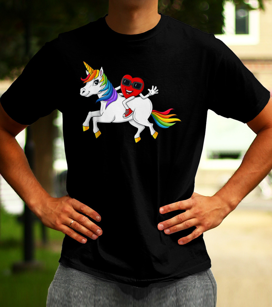 Heart Riding Rainbow Unicorn With Sunglasses And Sneakers T-Shirt