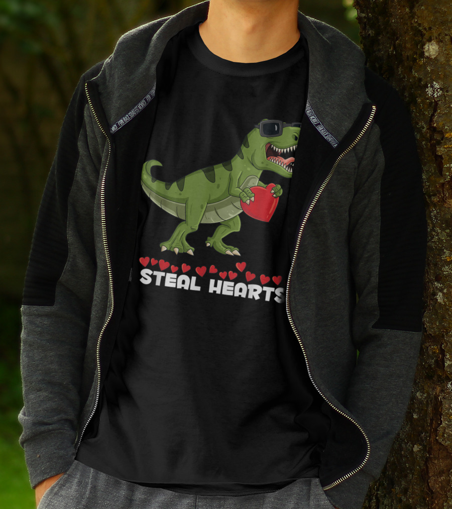 I Steal Hearts Dinosaur With Sunglasses Holding Red Heart Valentines Day T-Shirt