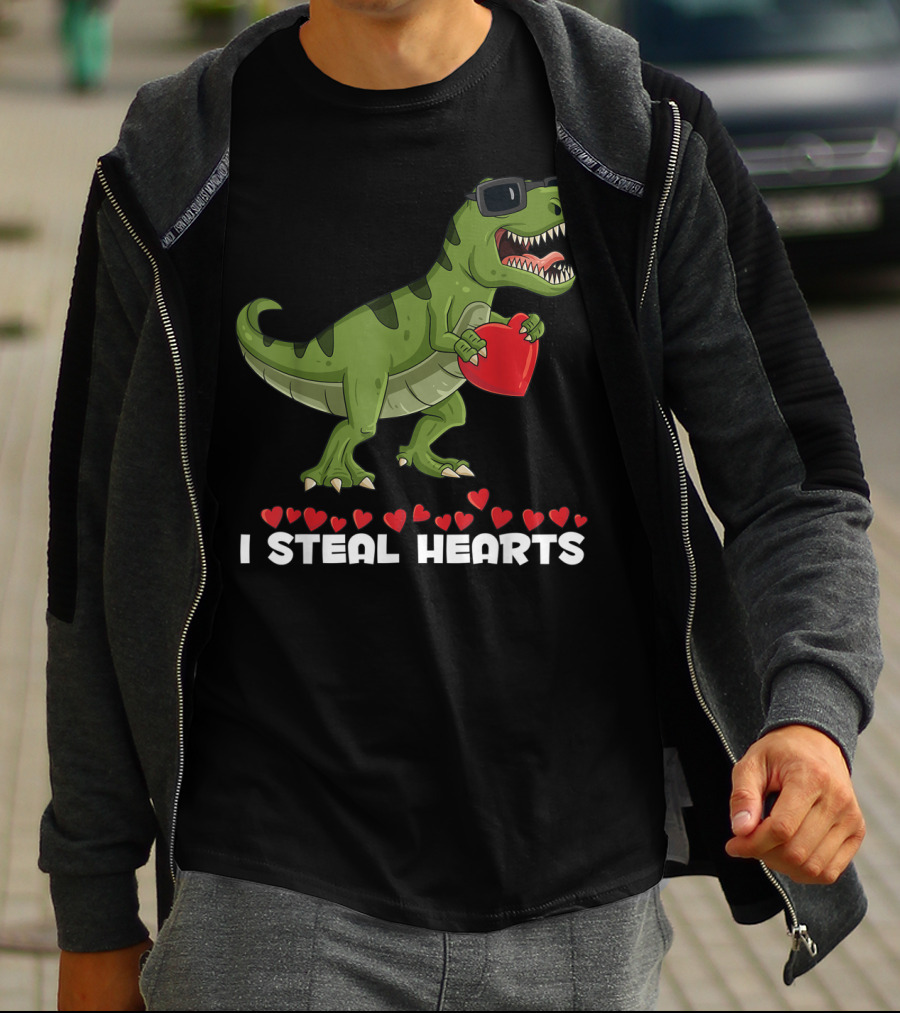 I Steal Hearts Dinosaur With Sunglasses Holding Red Heart Valentines Day T-Shirt