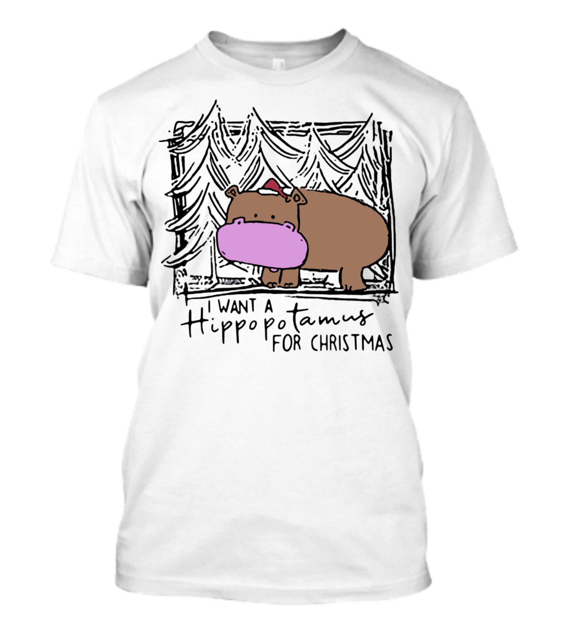 I Want A Hippopotamus For Christmas Hippo Santa Hat Festive T-Shirt