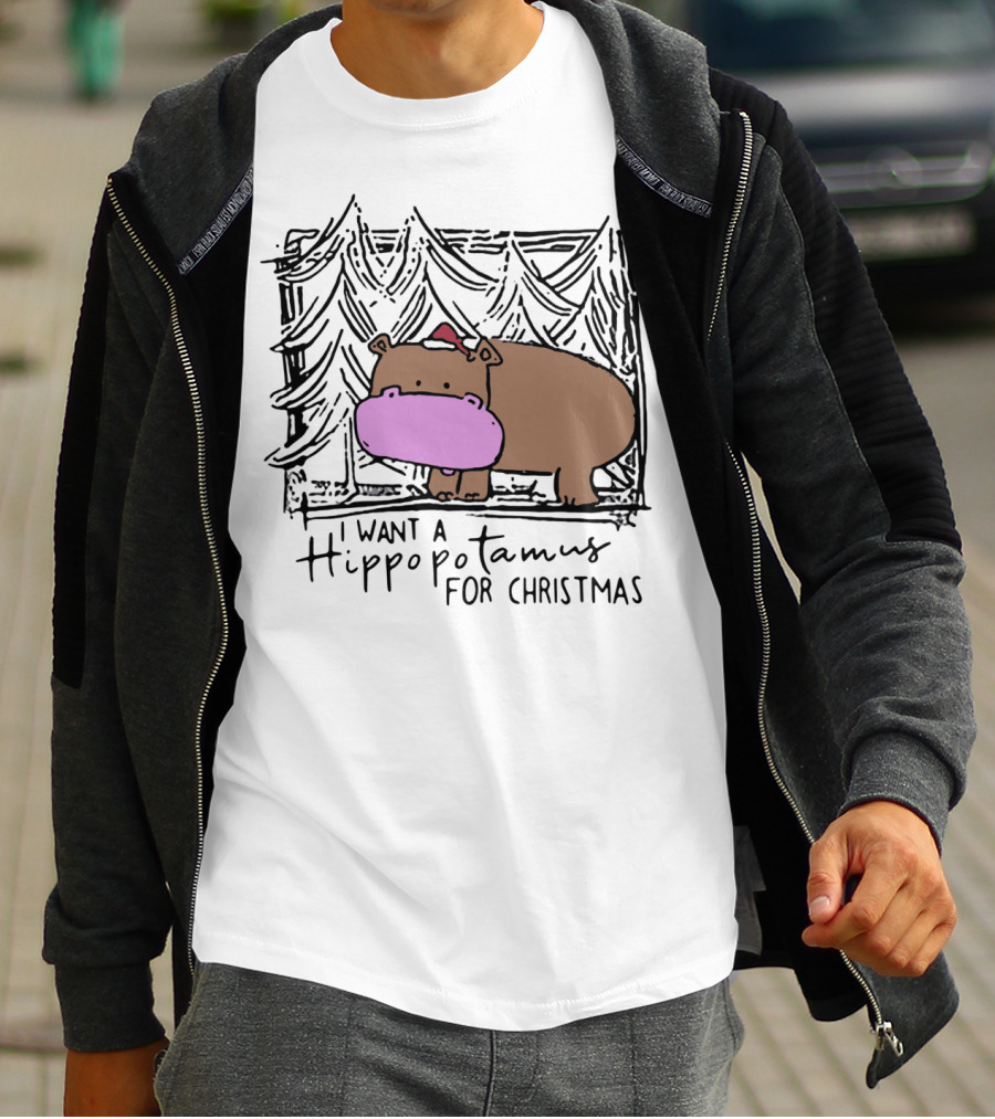 I Want A Hippopotamus For Christmas Hippo Santa Hat Festive T-Shirt