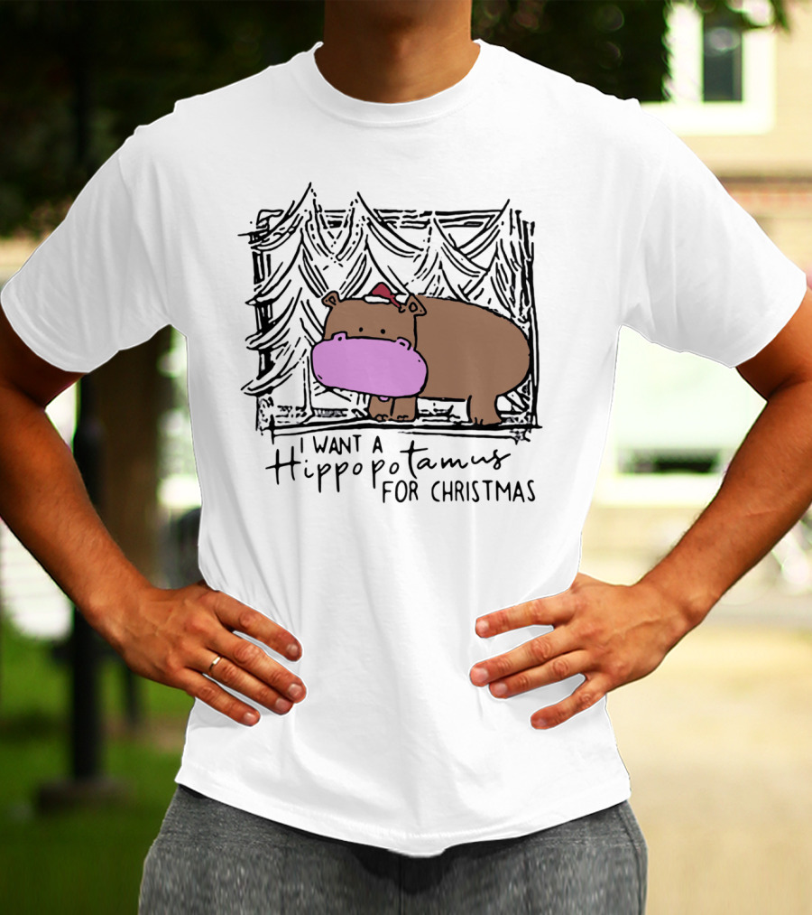 I Want A Hippopotamus For Christmas Hippo Santa Hat Festive T-Shirt