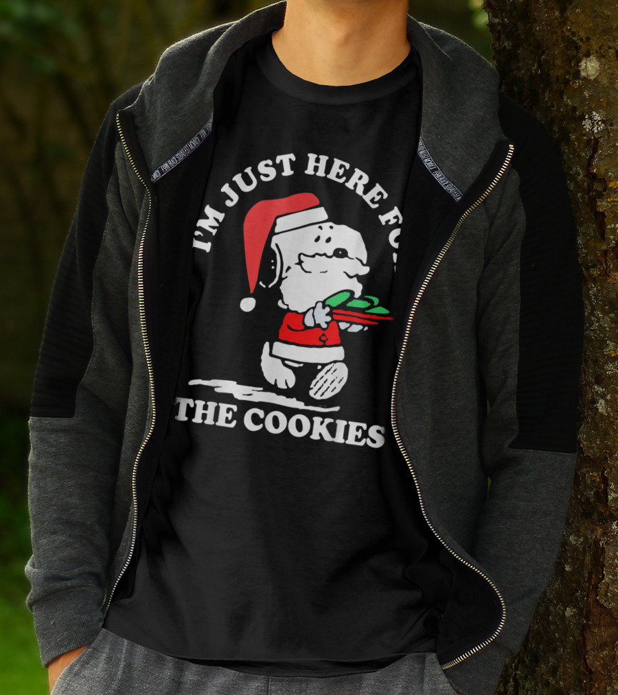I'm Just Here For The Cookies Santa Hat Dog Carrying Christmas Cookies T-Shirt