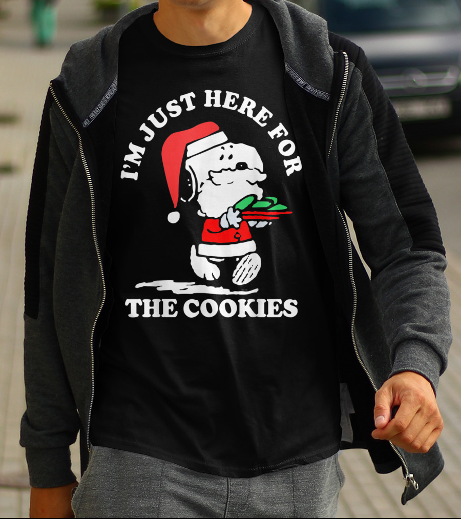 I'm Just Here For The Cookies Santa Hat Dog Carrying Christmas Cookies T-Shirt