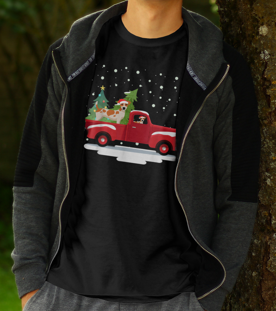 Jack Russell Terrier Santa Christmas Truck Holiday Scene Snowflakes And Trees T-Shirt