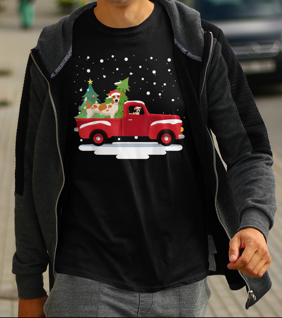 Jack Russell Terrier Santa Christmas Truck Holiday Scene Snowflakes And Trees T-Shirt
