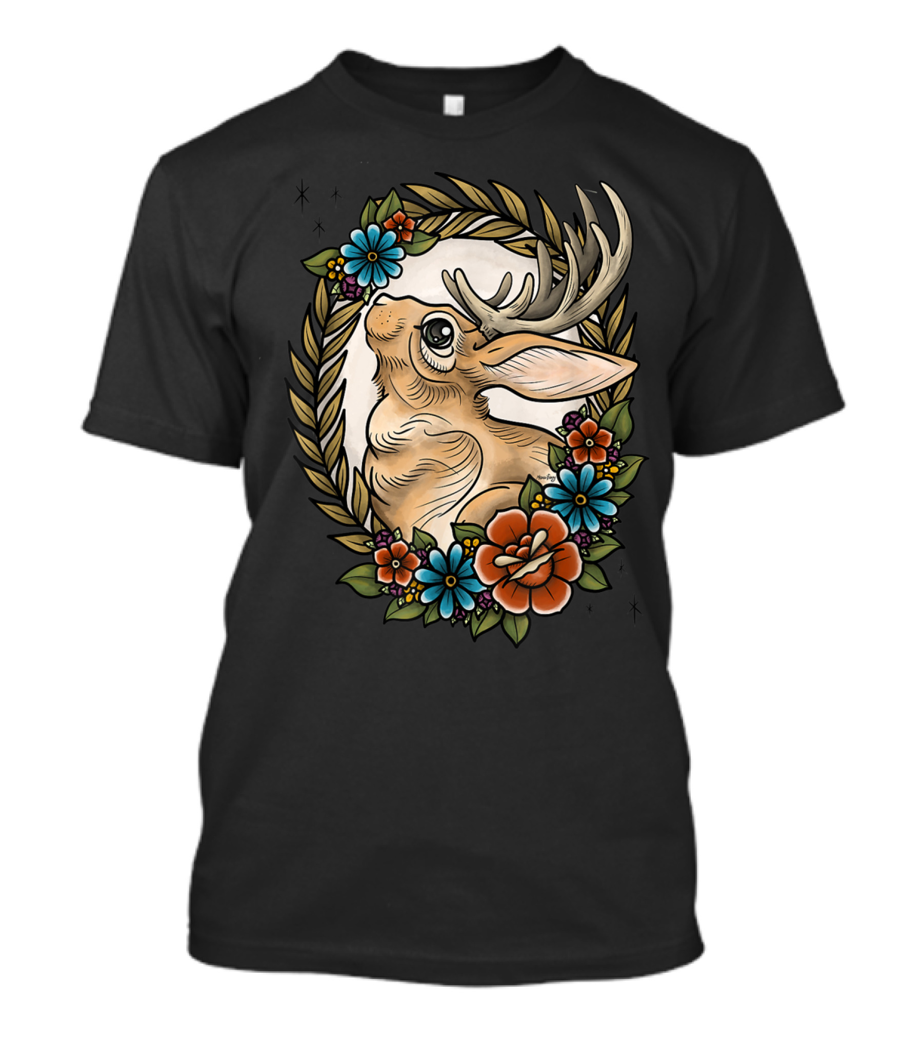 Jackalope Surrounded By Colorful Flowers And Leaves T-Shirt