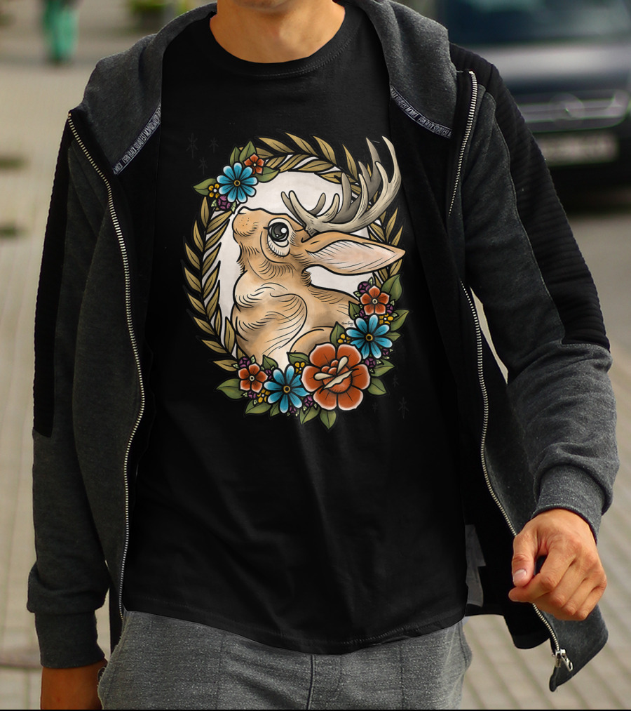 Jackalope Surrounded By Colorful Flowers And Leaves T-Shirt