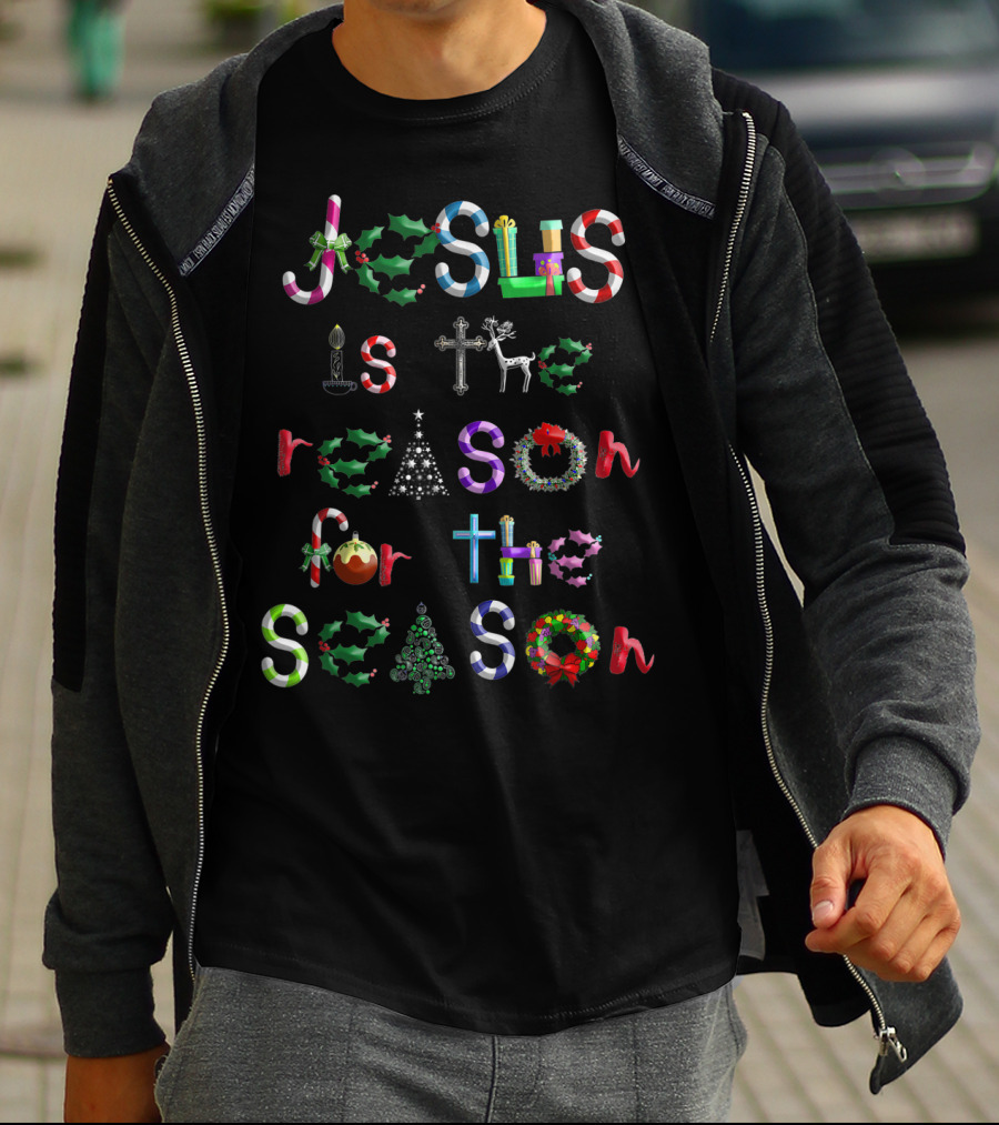 Jesus Is The Reason For The Season Christmas Symbols Candy Canes Holly Cross Reindeer Tree Bow T-Shirt