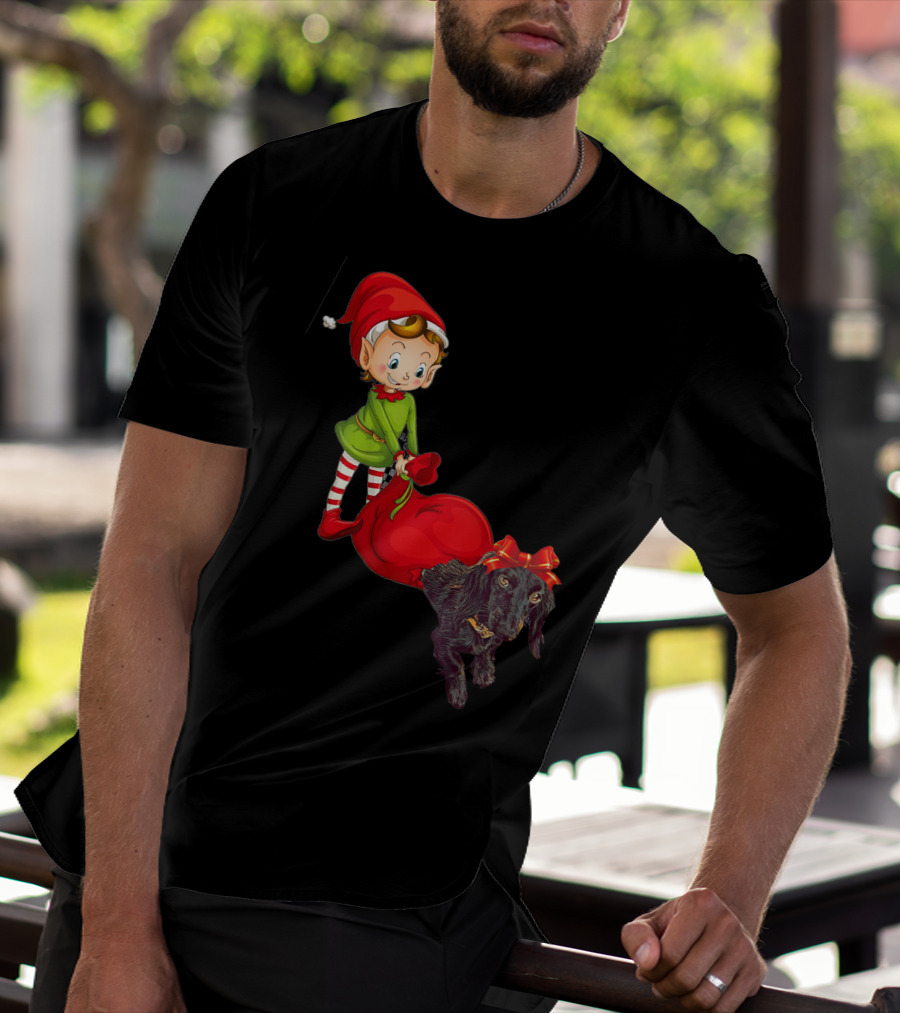 Kids Elf With Red Gift Sack And Black Dog In Santa Hat T-Shirt