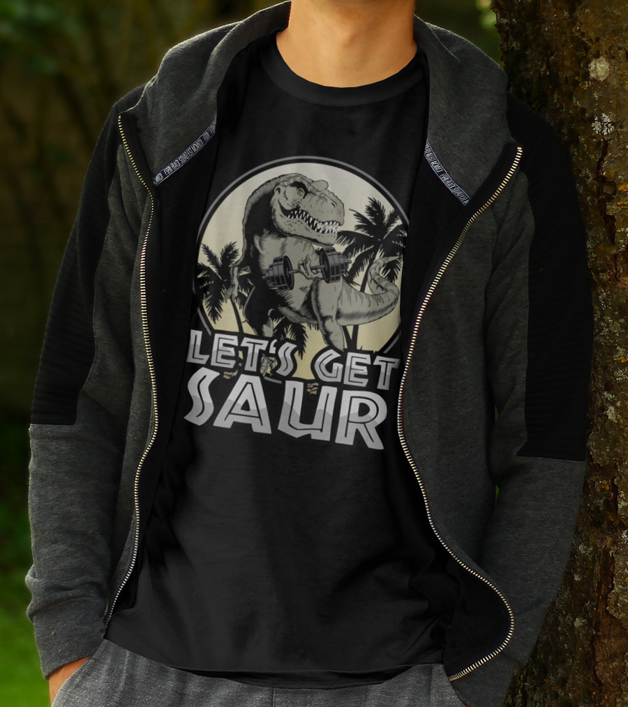 Let's Get Saur Dinosaur Lifting Weights Gym Humor Scene T-Shirt