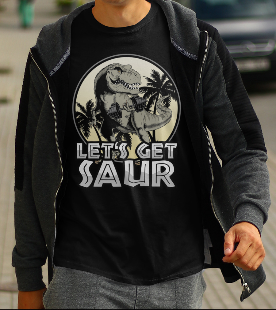 Let's Get Saur Dinosaur Lifting Weights Gym Humor Scene T-Shirt