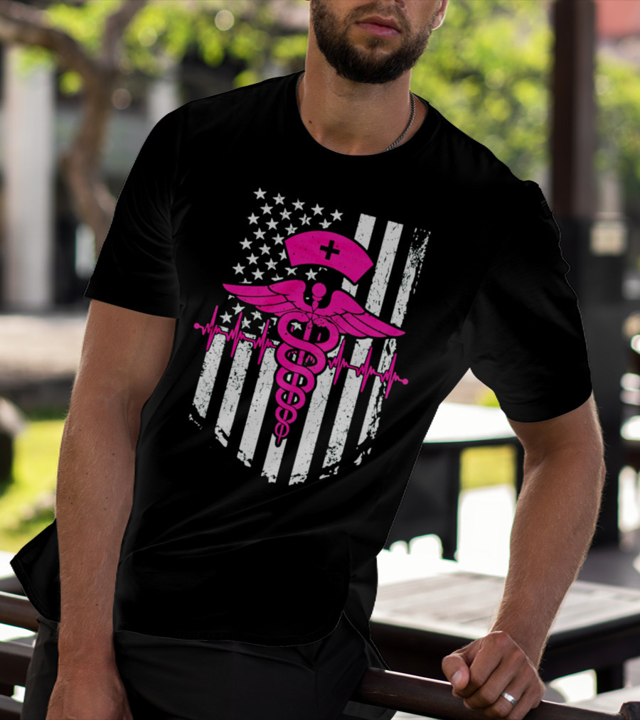 Nurse Pink Caduceus With USA Flag And Heartbeat T-Shirt