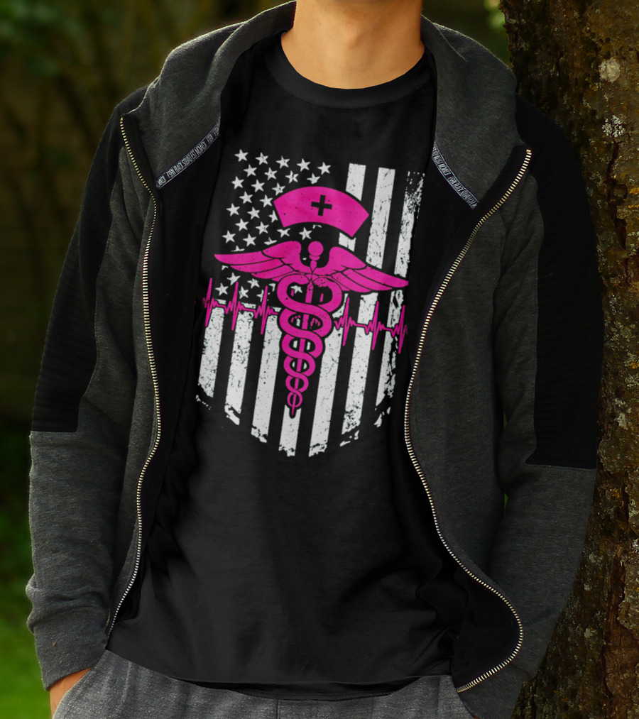 Nurse Pink Caduceus With USA Flag And Heartbeat T-Shirt