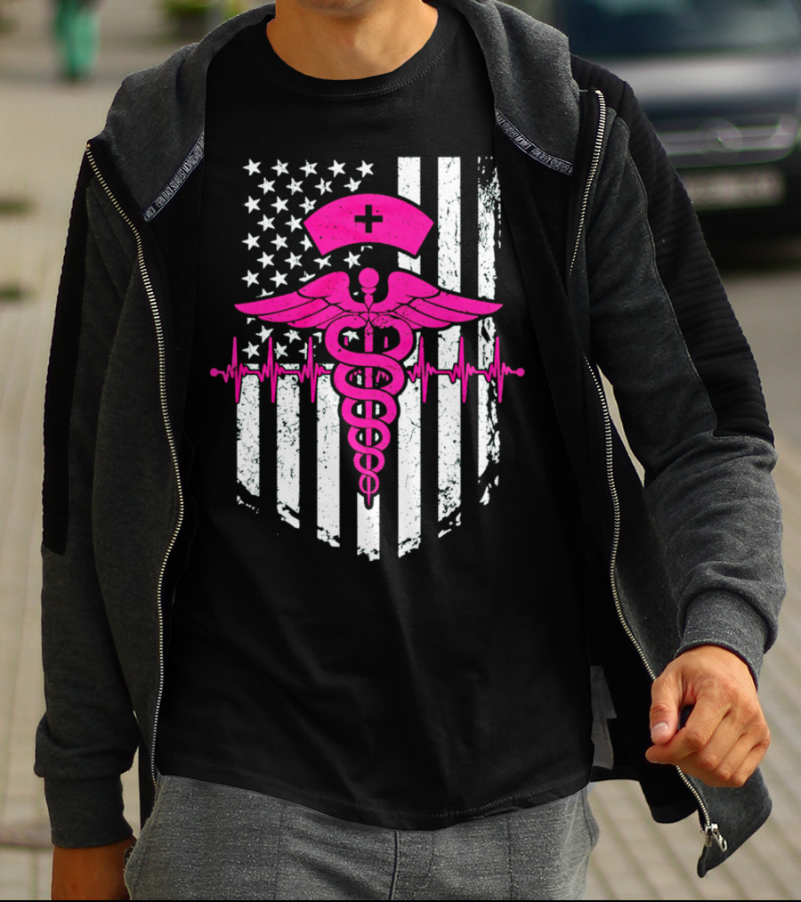 Nurse Pink Caduceus With USA Flag And Heartbeat T-Shirt